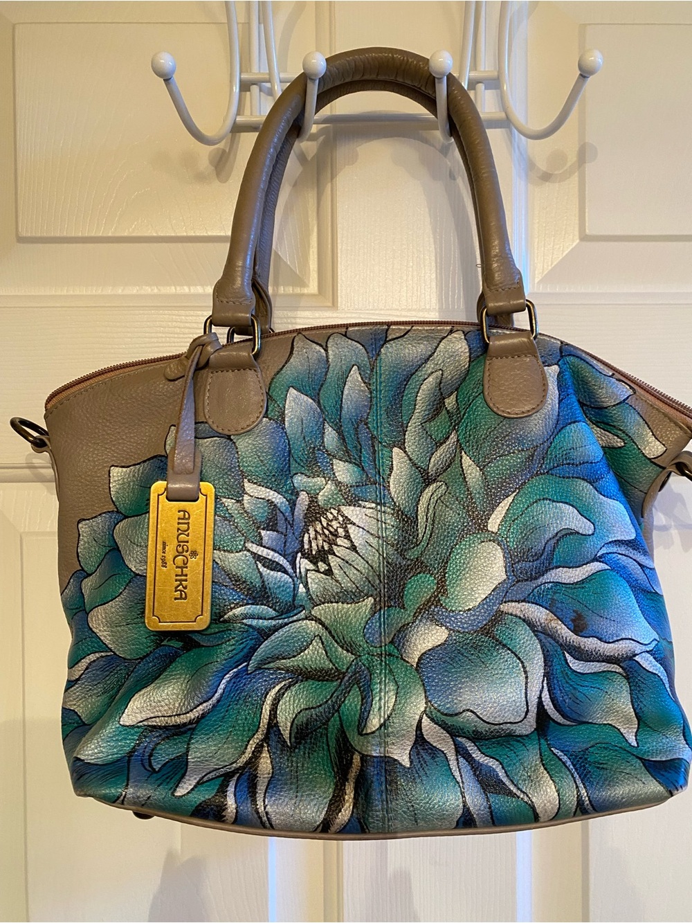 Anuschka Hand-Painted Leather Satchel in Teal Floral